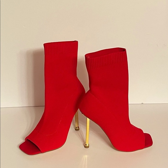 Golden Heel Open Toe Ankle Boots, Red - Picture 5 of 10